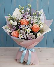 Букет Утренняя свежесть в Абинске Букет цветов из:  Лизиантусы, Розы, Альстромерии и Гипсофила в Абинске